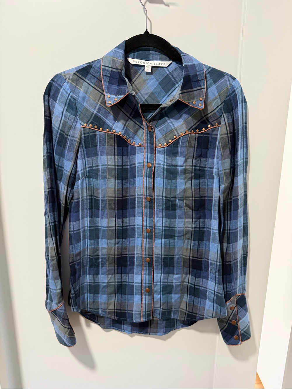 Veronica Beard Blue and Copper Henny Plaid Button-Front Shirt